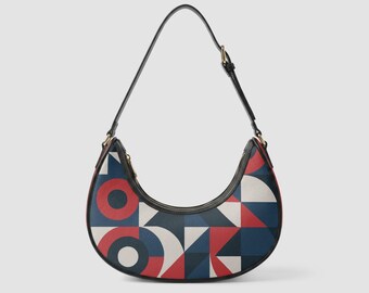 Geometric Faux Leather Bag | Red and Navy Vegan Leather Purse | Retro Womens Crescent Bag