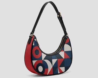 Geometric Faux Leather Bag | Red and Navy Vegan Leather Purse | Retro Womens Crescent Bag