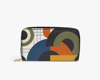 Long Colorful Vegan Leather Women's Wallet with Zipper and Wrist Strap | Bauhaus Design with Orange, Green, Mustard