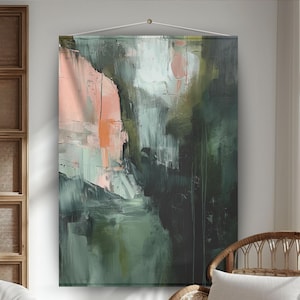 Abstract Green and Pink Tapestry | Fabric Wall Art | Large Modern Fabric Wall Decor | Wall Hanging Ready to Hang |