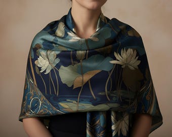 Nouveau Style Silk Scarf | Greens and Blues Floral Print Scarf
