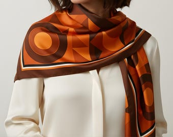 Burnt Orange Geometric Silk Scarf | Bauhaus Style Autumnal Print