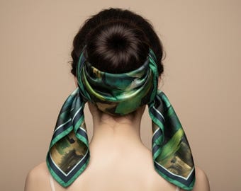 Green Silk Scarf | Modern Abstract Design | Irish Landscape Scarf