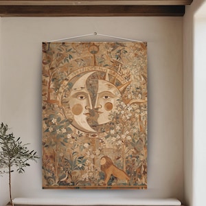 Boho Moon Tapestry Wall Hanging Vertical Wall Tapestry | Bohemian Celestial Fabric Textile Wall Art | Large Decorative Wall Hanging