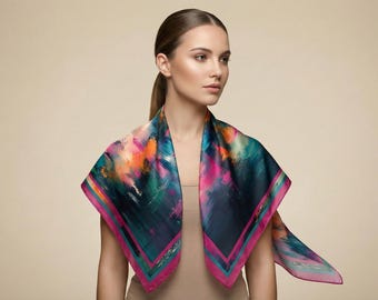 Square Silk Scarf | Colorful Abstract Scarf Design | Luxury Satin Square Made in London