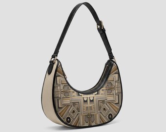 Crescent Bag | Art Deco Vegan Purse | Gold and Black Faux Leather Handbag