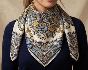 Womens Silk Scarf | Large Silk Square Celtic Design | Luxury Irish Gift