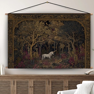 Unicorn Tapestry | Tapestry Unicorn in Captivity Tapestry | Medieval Tapestry | Dark Wall Tapestry | Forest Tapestry | Unicorn Art Tapestry