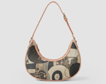 Crescent Bag Purse | Black and Cream Vegan Leather Bag | Custom Shoulder Bag
