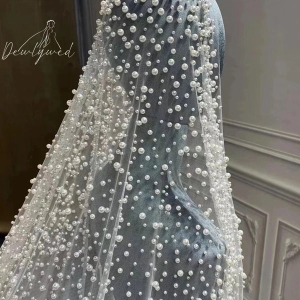 Heavy Pearl Scattered Veil Extra Wide, Bridal Pearl Veil, Rounded Hem Pearl Veil, Bridal Veil, Wedding Veil, Stunning Pearl Veil