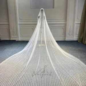 Può includere: Un lungo velo da sposa bianco con un delicato motivo di perline di perle. Il velo è realizzato in tulle morbido e ha una lunghezza cattedrale.