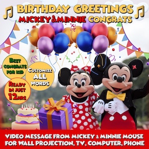 May include: Mickey Mouse and Minnie Mouse in red and black costumes with big smiles, holding a gift box and a birthday cake. The image has the text "Birthday Greetings Mickey & Minnie Congrats" and "Best Congrats for Kid Customize All Words Ready in Just 12hrs".