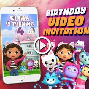 以下が含まれることがあります： スマートフォンには、「Elina is turning 4」と書かれた誕生日のビデオ招待状が表示されています。招待状には漫画のキャラクターと「Birthday Video Invitation」という言葉が大きくカラフルな文字で表示されています。画像は遊び心のあるアニメーションスタイルです。