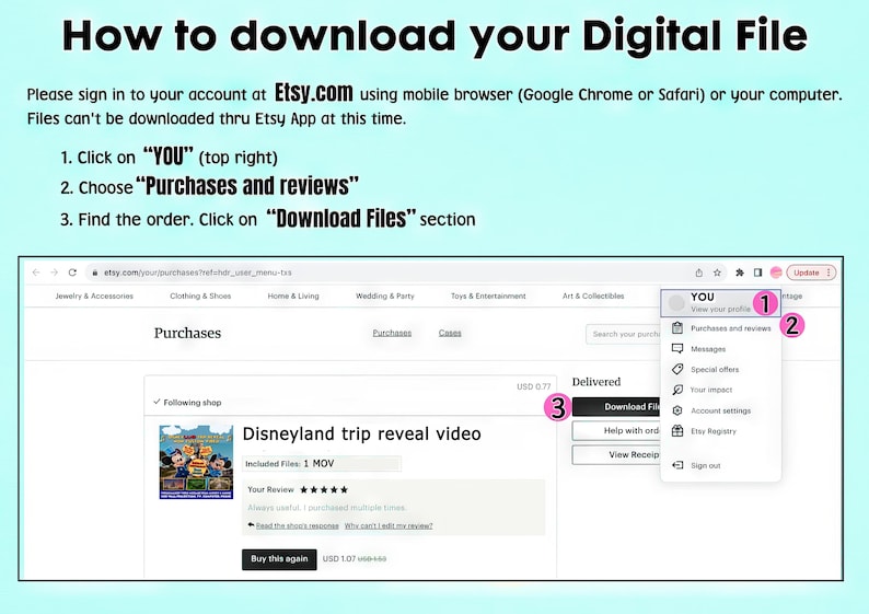 May include: Screenshot of a computer screen showing instructions on how to download a digital file from Etsy.com. The instructions are numbered 1, 2, and 3. The screen shows a portion of the Etsy website with a purchase order for a Disneyland trip reveal video. The video is listed as 1 MOV file.