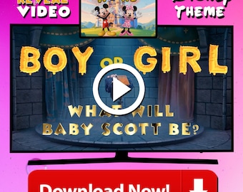 May include: A Disney-themed gender reveal video displayed on a TV screen. The video features Mickey and Minnie Mouse, with text that reads "Boy or Girl? What will Baby Scott be?" and "Download Now!"
