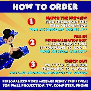 May include: How to order a personalized video message for a Disney trip reveal. The steps are numbered 1, 2, and 3. The image features Mickey Mouse and Minnie Mouse in a romantic pose. The text includes "Watch the preview", "Fill in personalization box", and "Check out".