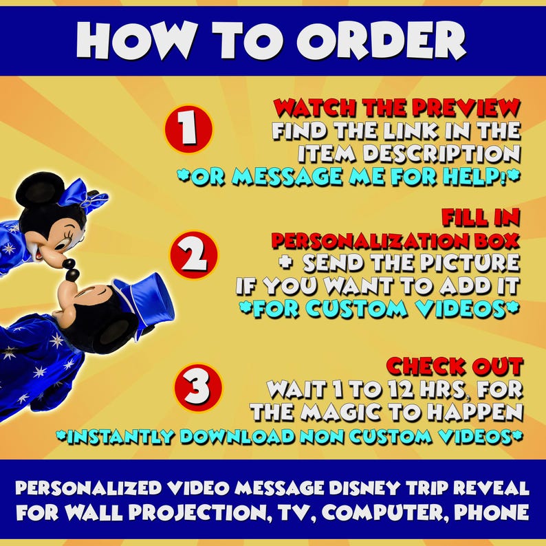 May include: How to order a personalized video message for a Disney trip reveal. The steps are numbered 1, 2, and 3. The image features Mickey Mouse and Minnie Mouse in a romantic pose. The text includes "Watch the preview", "Fill in personalization box", and "Check out".