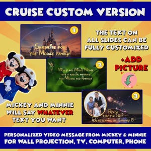 Puede incluir: Un mensaje de video digital de Mickey y Minnie Mouse, con un fondo amarillo con un esquema de color rojo, blanco y azul. El texto dice "Cruise Custom Version" y "Mickey y Minnie dir&aacute;n lo que quieras". La imagen muestra tres diapositivas de video diferentes con una imagen de dibujos animados de Mickey y Minnie Mouse, un fondo verde con un hada y una exhibici&oacute;n de fuegos artificiales con una foto familiar.