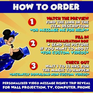 Puede incluir: C&oacute;mo pedir un mensaje de video personalizado para una revelaci&oacute;n de viaje a Disney. Los pasos est&aacute;n numerados del 1 al 3. La imagen presenta a Mickey Mouse y Minnie Mouse en una pose rom&aacute;ntica. El texto incluye "Ver la vista previa", "Rellenar la casilla de personalizaci&oacute;n" y "Pagar".