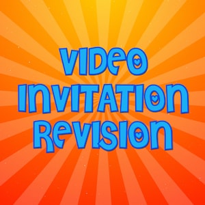 May include: A vibrant orange and yellow background with radiating lines. The words "VIDEO INVITATION REVISION" are displayed in bold blue letters with heart-shaped accents, suggesting a service related to video invitations.