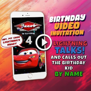 May include: A smartphone displays a birthday video invitation featuring the character Lightning McQueen from the movie Cars. The invitation includes the name "Jacob" and the number "4", with text that reads "Birthday Video Invitation" and "Lightning Talks!"
