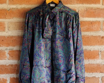 Vintage 70s Silky Purple Paisley Secretary Blouse and Pleated Skirt Two Piece Set