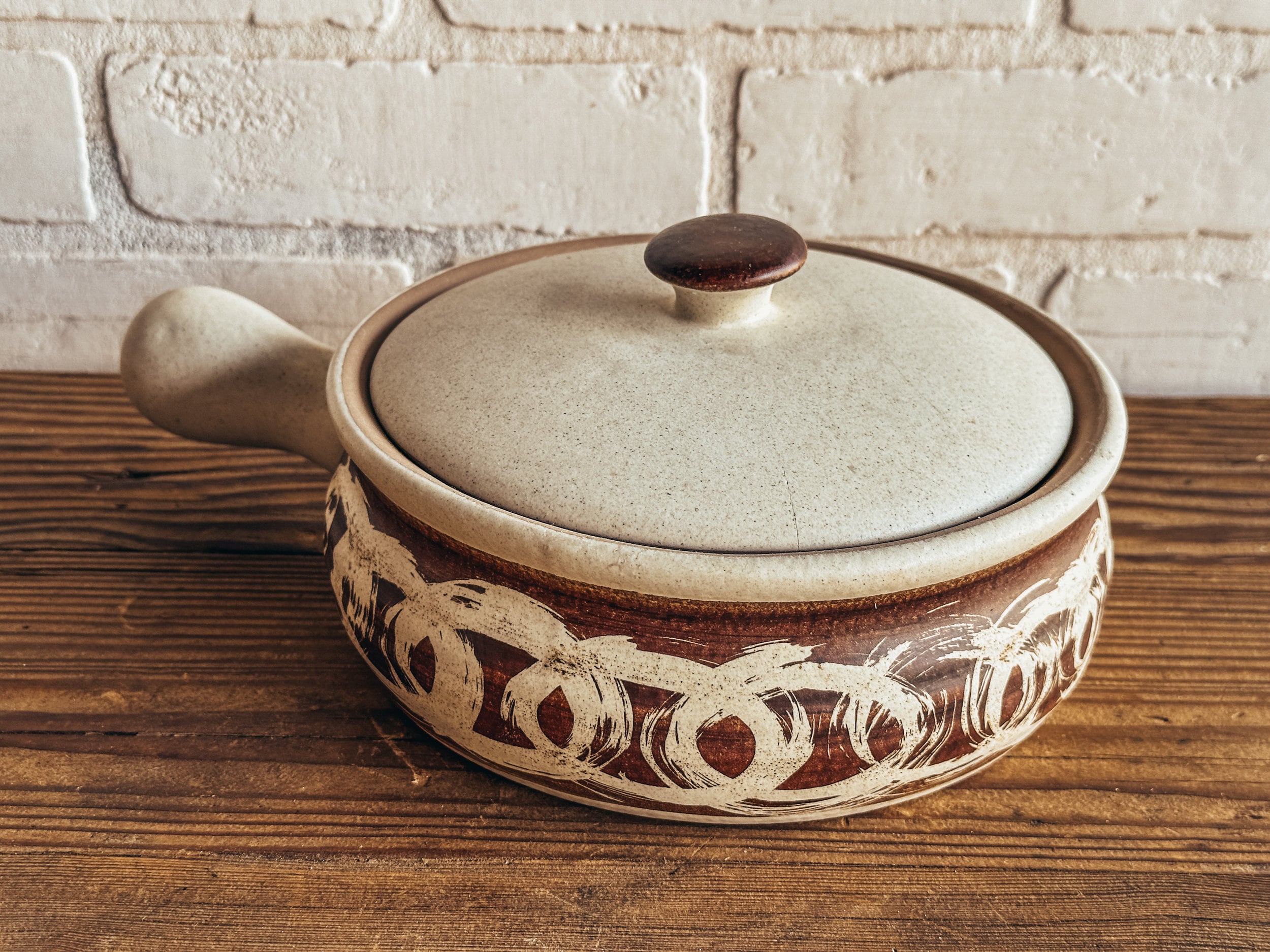 Vintage Stoneware Studio Pottery Pot with Lid and Handle Casserole Dish