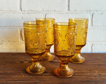 Set of 4 Vintage MCM India Glass Amber Tiara Concord Daisy Footed Wine Glass