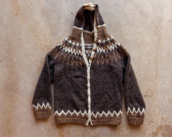 Vintage  Brown Tan Cowichan Heavy Knit Hooded Wool Cardigan Sweater