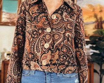 Vintage Brown and Orange Paisley Jacket Collared Top 70s Inspired Stevie Nicks/George Harrison Style