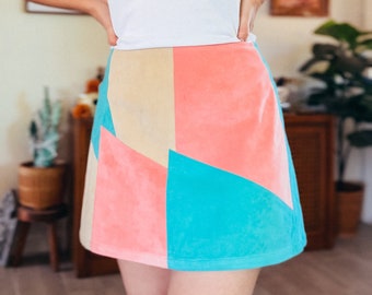 Vintage Pink and Aqua Pastel Suede Mini Skirt - 80s 90s