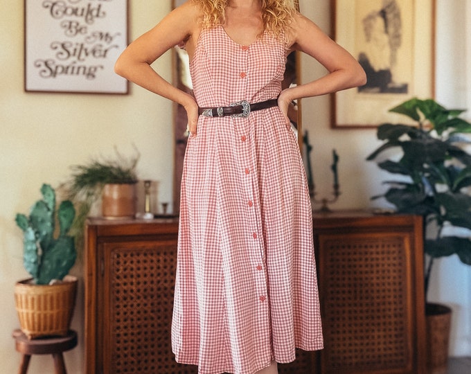 VIntage Pink Gingham Sleeveless Summer Cottagecore Dress