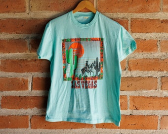 Vintage Turquoise Teal Las Vegas Cowboy Cactus Sunset T-Shirt Tee - Single Stitch Medium