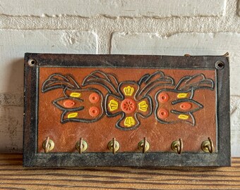 Vintage Mexican Southwest Tooled Leather Hand Painted Key Hanger Hook Sign