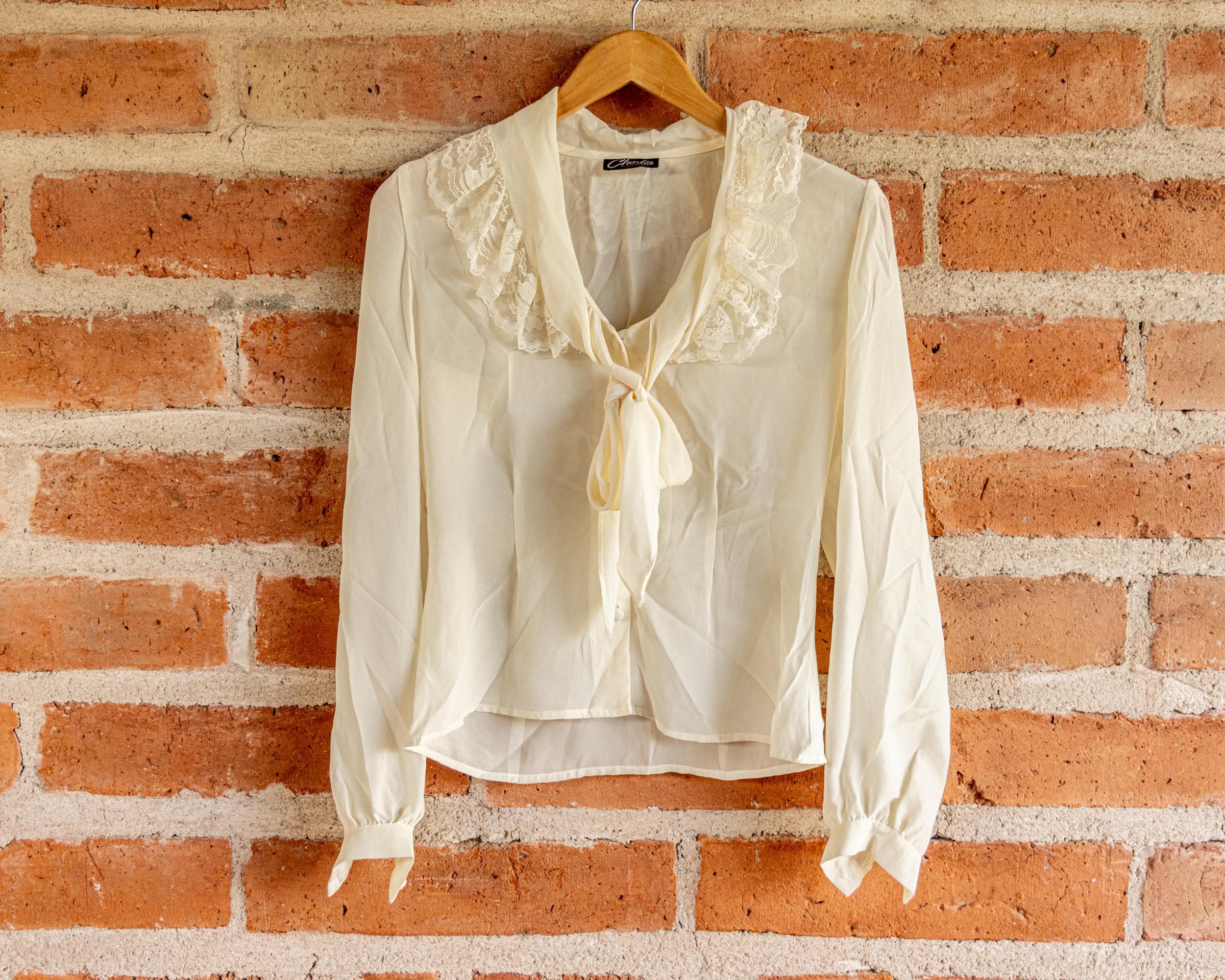 Vintage Soft White Lace Edwardian Victorian Renaissance Romantic Button Up Secretary Blouse