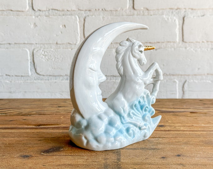 Vintage Porcelain Unicorn Moon Statue Figurine Fantasy