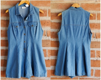 Vintage 90s Halmode Petites Sleeveless Denim Romper - Western