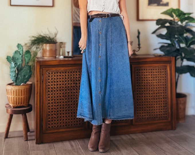 Vintage 90s Faded Glory Denim Maxi Skirt with Woven Belt - Western - Medium