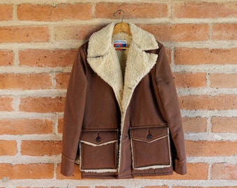 Vintage 1960s/70s Sears Put-On Shop Western Wear Sherpa Lined Brown Ranch Coat Jacket