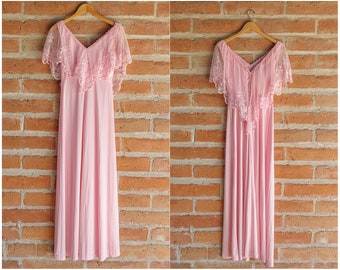 Vintage 60s Pink Dress with Lace Floral Capelet Overlay