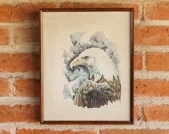 Vintage Bald Eagle Silk Screen and Stitch Canvas Framed Wall Art