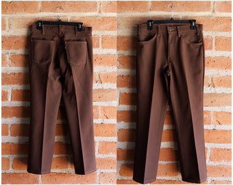 Vintage 70s Levi's Brown Saddleman 517 Polyester Pants Contrast Stitch - 32x31 (32x28) - Bell Boot Wrangler Rancher Flare