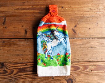 Vintage Unicorn Rainbow Kitchen Towel with Crochet Hanger