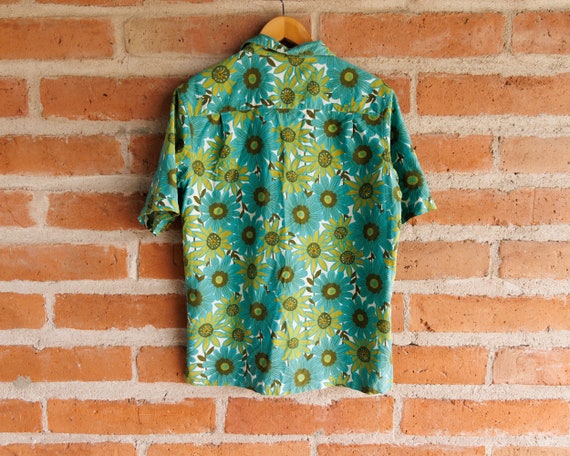 Vintage Blue Green Floral Hawaiian Aloha Shirt - … - image 2