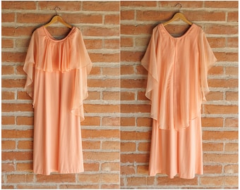 Vintage 60s Peach Orange Chiffon Dress with Flutter Sleeves