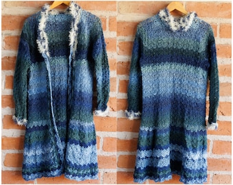 Vintage Y2K 90s Whimsigoth Crochet Knit Cardigan Ombre Blue Sweater  - 70s Inspired Stevie Nicks Festival Style