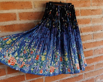 Vintage Y2K 90s Whimsigoth Black and Blue Cotton Floral Micropleat Maxi Skirt - One Size - Made in India