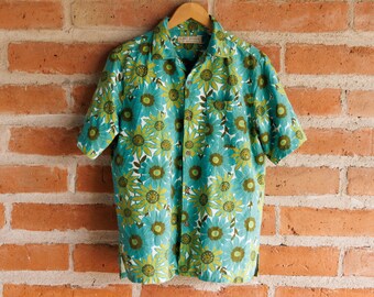 Vintage Blue Green Floral Hawaiian Aloha Shirt - Silk Cotton - Size Medium