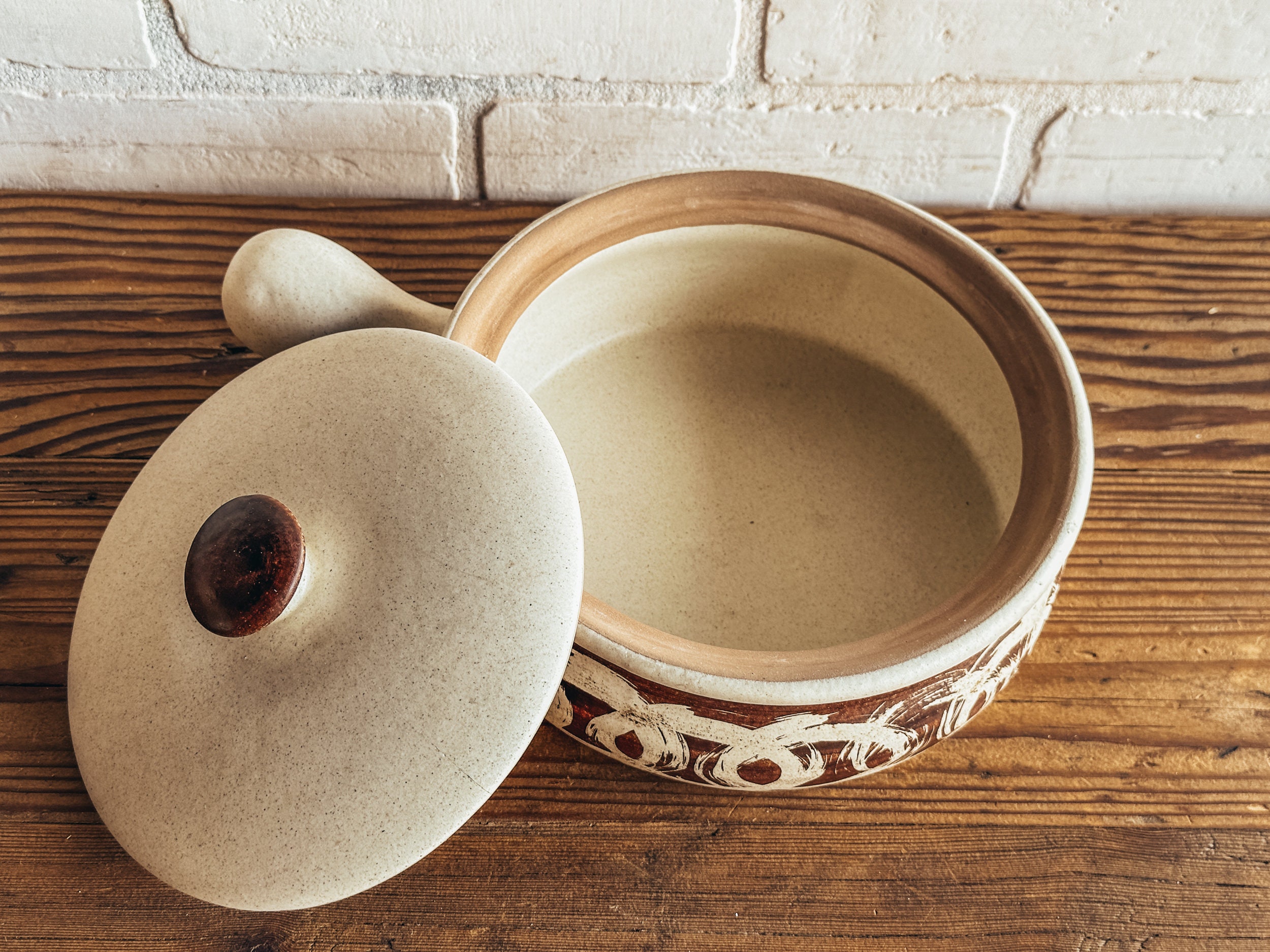 Vintage Stoneware Studio Pottery Pot with Lid and Handle Casserole Dish