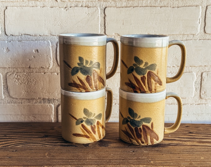 Set of 4 Vintage Stoneware Leaf Mugs